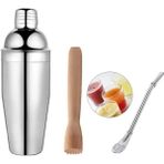 Adin Tasarım Kokteyl Seti 3lü Shaker 350 ml Çelik Ahşap Mojito Tokmağı Süzgeçli Pipet Kokteyl Kaşığı Seti