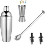 Adin Tasarım Kokteyl Seti 5 Parça Jigger 1.5/3 cl Tokmaklı Bar Kaşığı Shaker 350 ml Metal Şişe Dökücü 2li