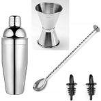 Adin Tasarım Kokteyl Seti 5 Parça Jigger 3/4.5 cl Tokmaklı Bar Kaşığı Shaker 350 ml Metal Şişe Dökücü 2li