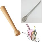 Adin Tasarım Mojito Tokmağı Ahşap + Buz Küreği 4lü + Süzgeç Uçlu Metal Pipet Seti 6lı Bar Tokmağı Küreği Pipeti