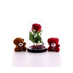 Adm Store Sevgiliye Eşe Sürpriz Hediye Fanusta Led Işıklı Kırmızı Gül Ve 2 Adet Mini Ayıcıklar Set Sevgiliye