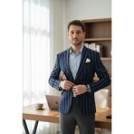 Adora Erkek Mavi Siyah İtalyan Çizgili Slim Fit Mono Yaka Esneyen Kumaş Blazer Ceket Mavi-Siyah 52