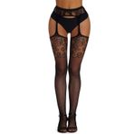 Adove 6059 Kadınlar için Askı Tayt Yüksek Belli Külotlu Çorap Desen Uyluk Yüksek File Siyah One Size Jartiyer