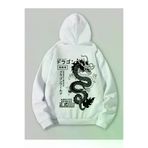 Adrift AdritSWEATKER-10248 Anime Guys Dragon & Letter Graphic Drawstring Lined Hoodie Beyaz
