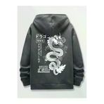 Adrift AdritSWEATKER-10248 Anime Guys Japanese Letter & Dragon Graphic Drawstring Hoodie Gri