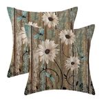 AEIOAE Rustik Papatya Yastık Kılıfları 40 x 40 cm 2'li Set, Vintage Camgöbeği Yusufçuk Papatya Çiçekli Ahşap Tahta Dekoratif Kırlent Kılıfları Çiftlik Evi Bahar Çiçeği Dış Mekan Yastıkları Kanepe Ev