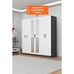 Aeka AE-2116 Kale Aynalı Antrasit Beyaz 6 Kapaklı 13 Raflı 3 Askılıklı 180 cm Gardırop