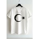 AEMİ Unisex Bisikle Yaka Ay Yıldızlı Tişört - Oversize %100 Pamuklu Tshirt