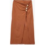 Aerobin Kumaş Drape Detaylı Taşlı Yırtmaçlı Midi Etek - Kahve - 34
