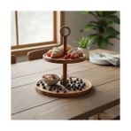 Aesco Doğal Akasya Ağacından Ahşap 2 Katlı Kurabiyelik ve Servis Tabağı | Sunum Standı | Çap: 18 Cm, Yükseklik: 25 cm | Doğal ve Şık - Option-1 - 51R-Turuncu