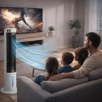 Aesco Ev Tipi Kule Tipi Vantilatör & Soğutucu – 70W Güçlü Hava Akışı, 3 Kademe Hız, 3l Su Tanklı Nemlendirici, 24 Saat Zamanlayıcı, Sessiz Çalışma (29 Db), Uzaktan Kumandalı, LCD Ekranlı
