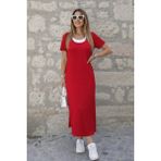 Aesco Kadın Kısa Kollu Içi Atlet Görünümlü Yandan Yırtmaçlı Uzun Viskon Elbise - Kırmızı - 2XL - 3XL