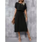 Aesco Kadın Kısa Kollu Yakası Açık Belden Bağlamalı Yırtmaçlı Viskon Elbise - Siyah - 2XL - 3XL