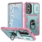 AFARER S25 Edge için kılıf, kamera koruyucu zırh, çift katmanlı gövde, 360 derece halka ayaklı ve manyetik demir sac, cep telefonu kılıfı, Samsung Galaxy S25 Edge ile uyumlu, yeşil, pembe