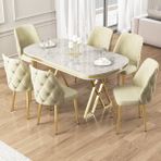 Afe Serisi 90X168 Lak Panel Beyaz Mermer Desen Gold Ayak Masa Takımı 6 Sandalye - Krem