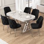Afe Serisi 90X168 Lak Panel Beyaz Mermer Desen Gümüş Ayak Masa Takımı 6 Sandalye - Siyah