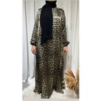 afife Saten Krep Kumaş Leopar Tesettür Elbise