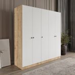 Afilli Yıldız 5 Kapaklı 2 Çekmeceli Giyinme Dolabı Tamamı Mdf LED Askılıklı - Safir Meşe