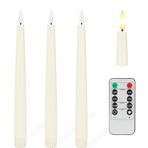 AFINETH Alevsiz Konik Mumlar, 3D Fitilli, 24,4 cm Uzaktan ve Zamanlayıcılı Gerçek Mum LED Mumlar, 3'lü Paket Titreşimli Şamdan, Pille Çalışır, Ev, Düğün, Parti, Fildişi için Klasik Uzun Konik Mumlar
