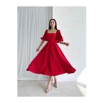 Afiş Butik Kırmızı Kare Yaka Pileli Midi Boy Elbise