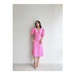 Afiş Butik Pembe Inci Düğme Detaylı Yarım Kol Midi Elbise