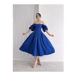 Afiş Butik Saks Mavi Kare Yaka Pileli Midi Boy Elbise