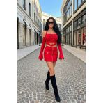 Afitapbutikmoda Kare Yaka Kuş Gözü Crop Fermuarlı Şort Etek Takım
