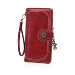 AfitLulu Kadın cüzdanı, büyük para cüzdanı, çıkarılabilir bileklik ve retro metal kolye ucu, cüzdan, kadın deri cüzdanı, şık, çoklu kart bölmeli ve kimlik pencereli, Kırmızı, 19*10*3.2 cm, Modern