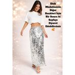 AFR CLOTHES Kadın Gümüş Payet İçi Astarlı Maxi Etek
