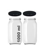 Afracam 1000 ml Konserve Kavanoz Metal Kapaklı Şeffaf Cam 1000 cc Paşabahçe 2 Adet (Siyah Kapak)