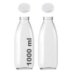 Afracam 1000 ml Şeffaf Sürahi Süt, Ayran, Su, Limonata Şişesi 1000 cc Yırtmalı Kapak Cam Şişe 2 Adet
