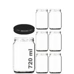 Afracam 720 ml Şeffaf Kavanoz 720 cc Konserve Metal Siyah Kapaklı Cam Kavanoz 6 Adet