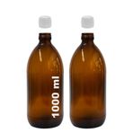 Afracam Amber Ecza Şişesi, 1000 ml, Kahverengi Cam, Plastik Contalı Kilit Kapak, Hava ve Sıvı Sızdırmaz, 28mm Ağız Çaplı, Parfüm Demlemek İçin Uygun, 2 Adet (1000 ml, Beyaz Kapak)