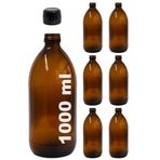 Afracam Amber Ecza Şişesi, 1000 ml, Kahverengi Cam, Plastik Contalı Kilit Kapak, Hava ve Sıvı Sızdırmaz, 28mm Ağız Çaplı, Parfüm Demlemek İçin Uygun, 6 Adet (1000, Siyah Kapak)