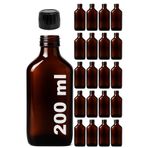Afracam Amber Ecza Şişesi, 200 ml, Kahverengi Cam, Plastik Contalı Kilit Kapak, Hava ve Sıvı Sızdırmaz, 28mm Ağız Çaplı, Parfüm Demlemek İçin Uygun, 20 Adet (200 ml Yassı, Siyah Kapak)