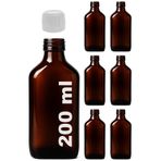Afracam Amber Ecza Şişesi, 200 ml, Kahverengi Cam, Plastik Contalı Kilit Kapak, Hava ve Sıvı Sızdırmaz, 28mm Ağız Çaplı, Parfüm Demlemek İçin Uygun, 6 Adet (200 ml Yassı, Beyaz Kapak)