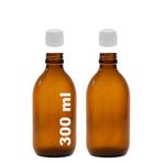 Afracam Amber Ecza Şişesi, 300 ml, Kahverengi Cam, Plastik Contalı Kilit Kapak, Hava ve Sıvı Sızdırmaz, 28mm Ağız Çaplı, Parfüm Demlemek İçin Uygun, 2 Adet (300 ml, Beyaz Kapak)