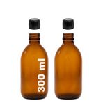 Afracam Amber Ecza Şişesi, 300 ml, Kahverengi Cam, Plastik Contalı Kilit Kapak, Hava ve Sıvı Sızdırmaz, 28mm Ağız Çaplı, Parfüm Demlemek İçin Uygun, 2 Adet (300 ml, Siyah Kapak)