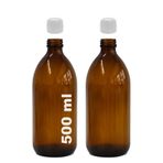 Afracam Amber Ecza Şişesi, 500 ml, Kahverengi Cam, Plastik Contalı Kilit Kapak, Hava ve Sıvı Sızdırmaz, 28mm Ağız Çaplı, Parfüm Demlemek İçin Uygun, 2 Adet (500 ml, Beyaz Kapak)