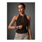 Afri Kadın Koyu Acı Kahverengi Fermuarlı Halter Yaka Atlas Kumaş Bluz Şık & Modern Fit