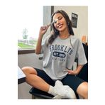 AFROGİYİM Kadın Gri Brooklyn Est 1998 Baskılı Oversize T-shirt