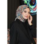 Afvente Geometrik Desen Mavi Soft Pamuk Eşarp - Krem