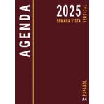 Agenda 2025 Semana Vista Español: Vertical A4 | Planificador Anual 12 Meses | Semanal con Horas y Mensual para Oficina | Grande | Roja