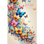 Agenda settimanale 2026 verticale A5 con farfalle colorate: 12 mesi, sabato domenica interi, intervalli 30 minuti, doppia pagina, italiano, donna.