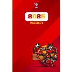 Agenda settimanale verticale A5 calcio Roma: 12 mesi, sabato domenica interi, intervalli 30 minuti, doppia pagina, italiano.