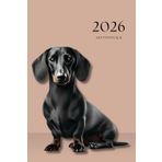 Agenda settimanale verticale A5 con cane bassotto nero: 12 mesi, sabato domenica interi, intervalli 30 minuti, doppia pagina, italiano, tema cani.