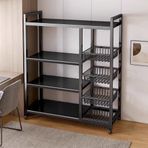 Ağır Hizmet Tipi 4 Katlı Metal Depolama Rafı Ünitesi Tekerlekli ve Ayarlanabilir Yükseklik Siyah 92x32x108 cm Garaj veya Mutfak Organizasyonu için İdeal