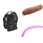 Ağız Tıkaçlı Esaret Maskesi + Gerçekçi Penis Kılıf Uzatıcı 18,4 cm + Devasa Çift Uçlu Dildo 450 mm