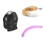 Ağız Tıkaçlı Esaret Maskesi + Kürklü Kuyruklu Anal Tıkaç Ten Beyaz + Devasa Çift Uçlu Dildo 450 mm
