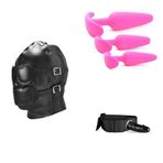 Ağız Tıkaçlı Esaret Maskesi + Silikon Üçlü Anal Tıkaç Seti Pembe + Takmalı Dildo Kemeri Bacaklı